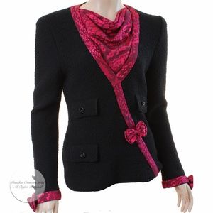 Adolfo Knit Sweater Black Boucle & Pink Printed Silk Saks 5th Ave Vintage HTF